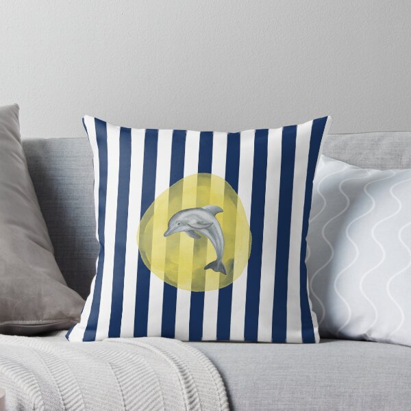 Item preview, Cute Dolphin and Yellow Watercolor on Navy Blue and White Vertical Stripes  designed and sold by HiddenPuppets.