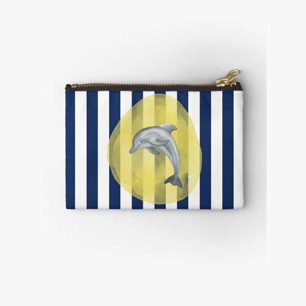 Item preview, Cute Dolphin and Yellow Watercolor on Navy Blue and White Vertical Stripes  designed and sold by HiddenPuppets.
