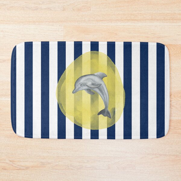 Item preview, Cute Dolphin and Yellow Watercolor on Navy Blue and White Vertical Stripes  designed and sold by HiddenPuppets.