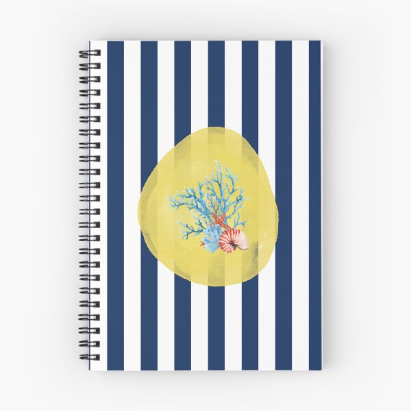 Item preview, Watercolor Corals and Yellow Circle on Navy Blue and White Stripes  designed and sold by HiddenPuppets.