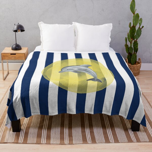 Item preview, Cute Dolphin and Yellow Watercolor on Navy Blue and White Vertical Stripes  designed and sold by HiddenPuppets.