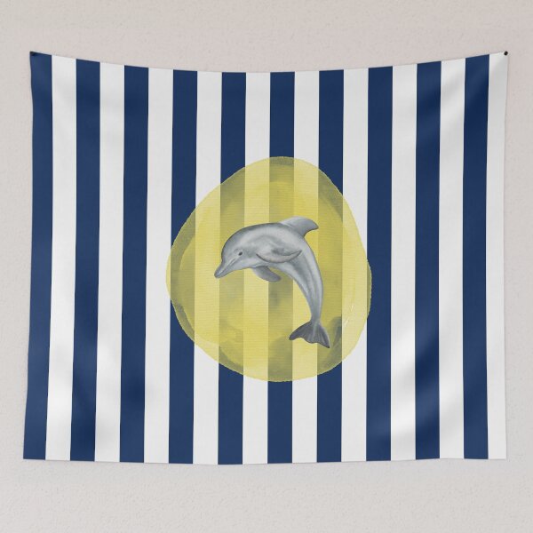 Item preview, Cute Dolphin and Yellow Watercolor on Navy Blue and White Vertical Stripes  designed and sold by HiddenPuppets.