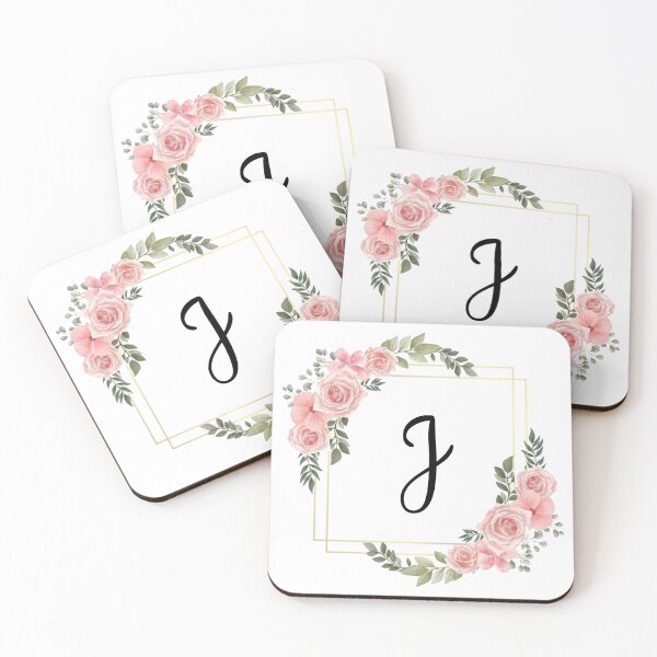 Artikelvorschau, Monogrammbuchstabe J | Rosa Blumenmuster mit goldenen Rändern entworfen und verkauft von JustSeasons.