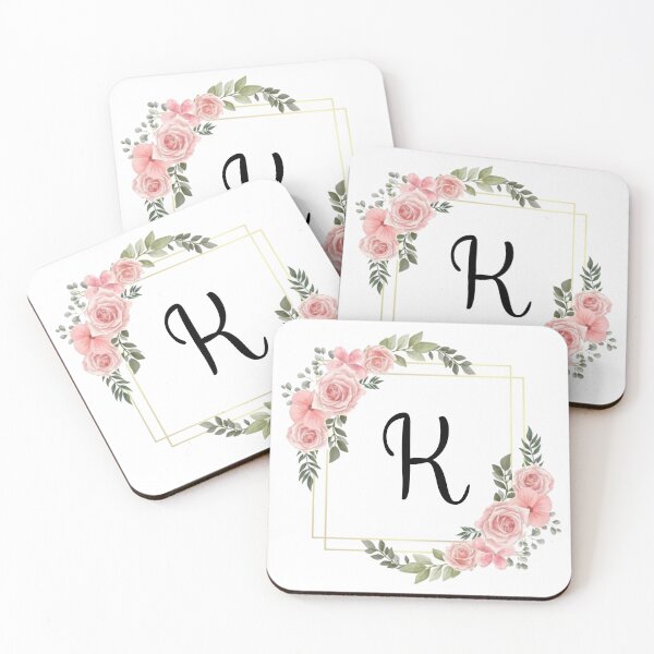 Artikelvorschau, Monogrammbuchstabe K | Rosa Blumenmuster mit goldenen Rändern entworfen und verkauft von JustSeasons.