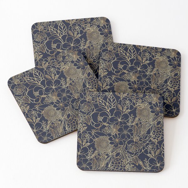 Item preview, Modern Gold Blue Floral Doodles line art designed and sold by InovArtS.