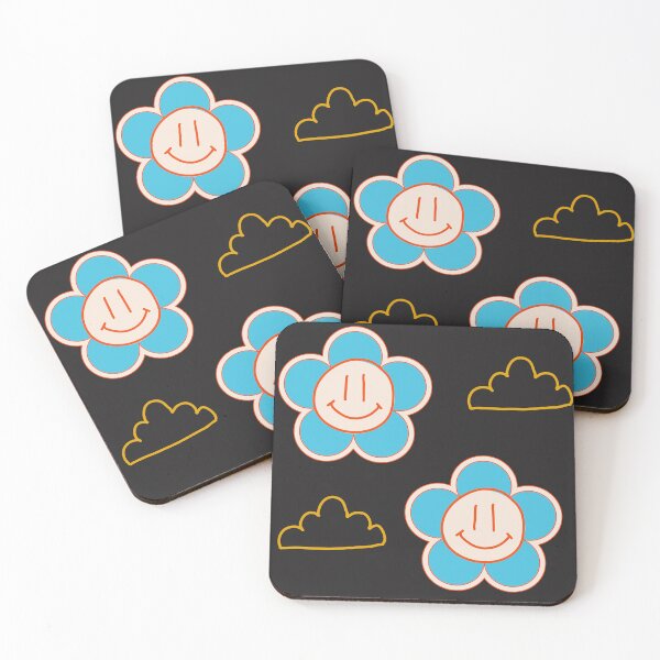Item preview, Black with blue Smiley Flowers and clouds retro style designed and sold by DemonicGloom.