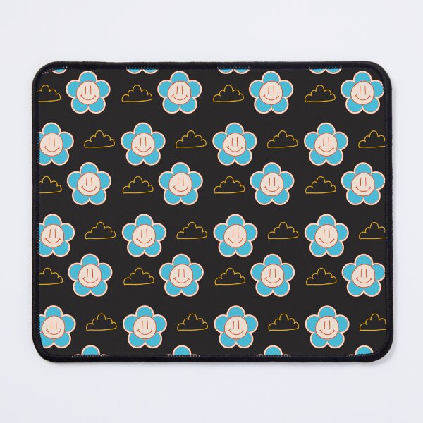 Item preview, Black with blue Smiley Flowers and clouds retro style designed and sold by DemonicGloom.