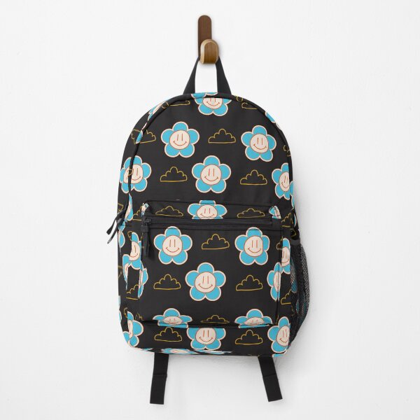 Item preview, Black with blue Smiley Flowers and clouds retro style designed and sold by DemonicGloom.