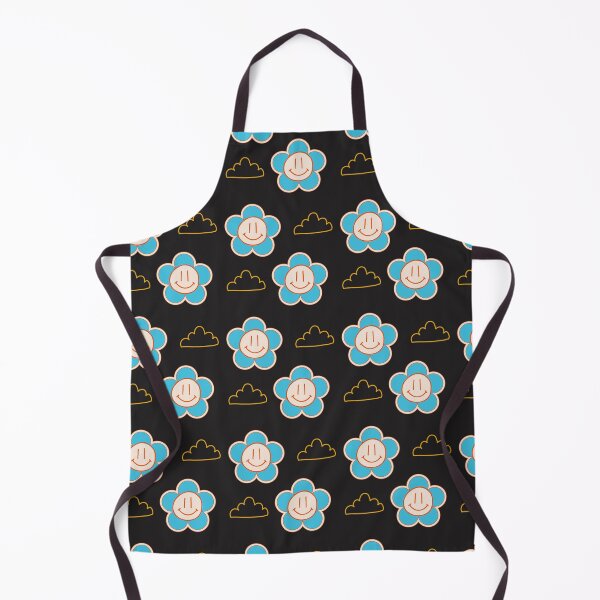 Item preview, Black with blue Smiley Flowers and clouds retro style designed and sold by DemonicGloom.