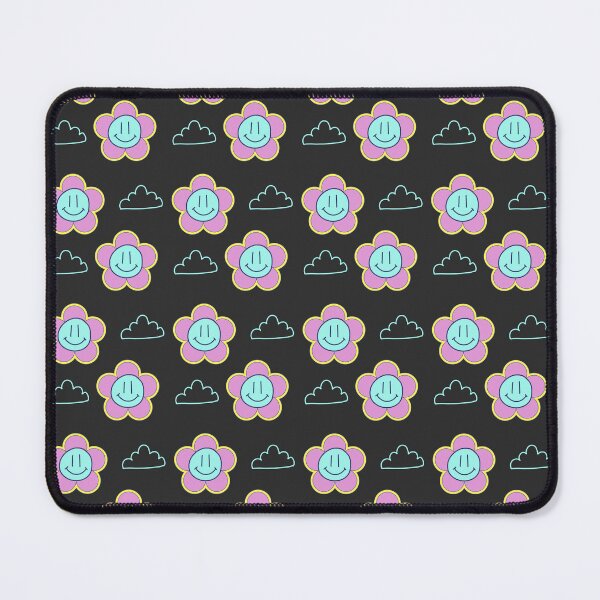 Item preview, Black with pink and blue Smiley Flowers and clouds retro style designed and sold by DemonicGloom.