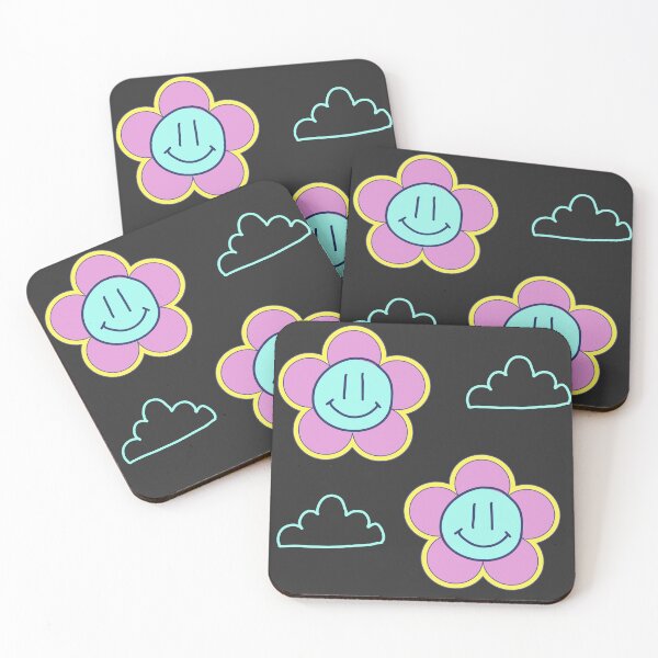 Item preview, Black with pink and blue Smiley Flowers and clouds retro style designed and sold by DemonicGloom.