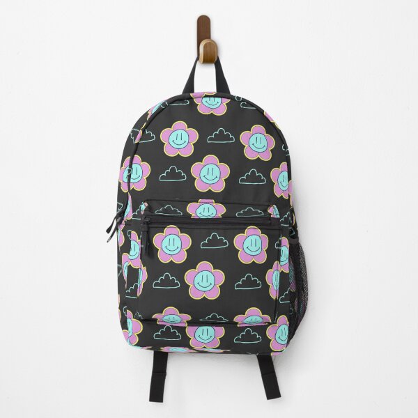 Item preview, Black with pink and blue Smiley Flowers and clouds retro style designed and sold by DemonicGloom.