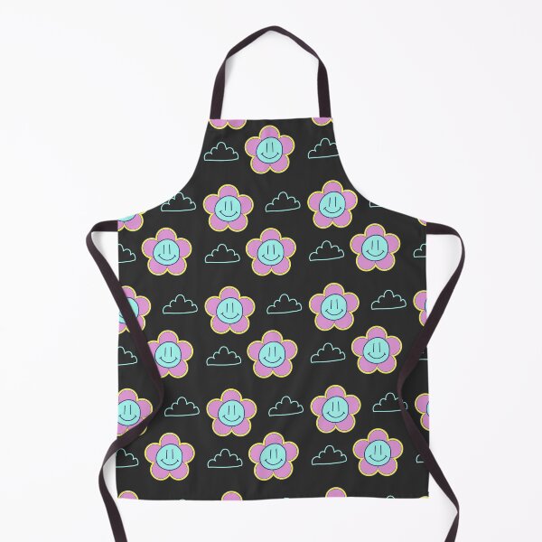 Item preview, Black with pink and blue Smiley Flowers and clouds retro style designed and sold by DemonicGloom.