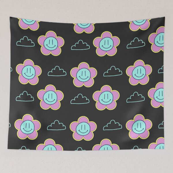 Item preview, Black with pink and blue Smiley Flowers and clouds retro style designed and sold by DemonicGloom.