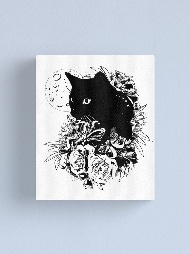 Moon and black color cat with peony, cat with flowers, black and