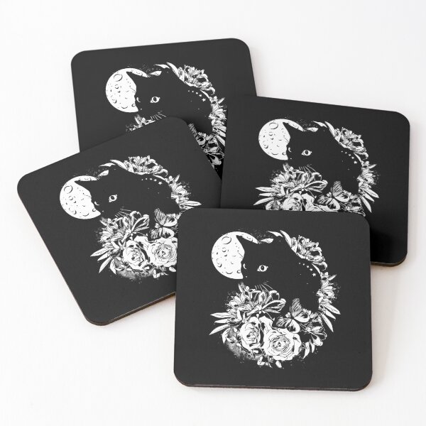 Item preview, Moon and black color cat with peony, cat with flowers, black and white drawing designed and sold by Collagedream.