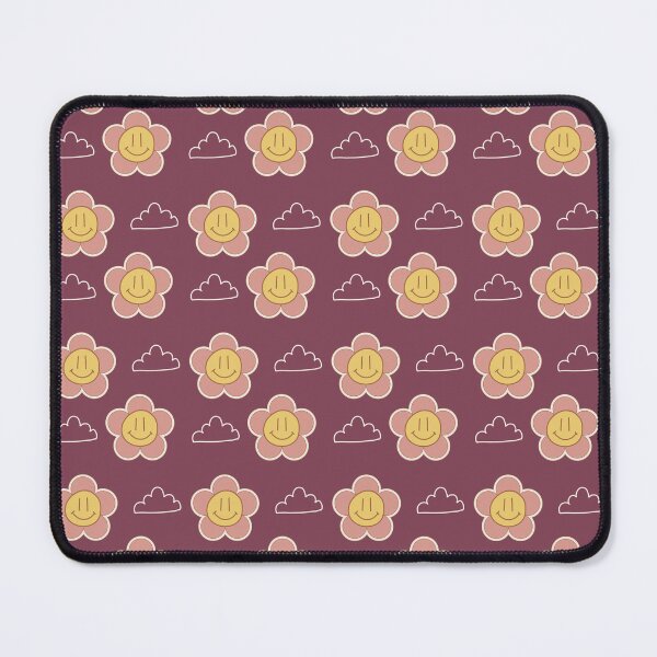 Item preview, burgundy pink and yellow Smiley Flowers and clouds retro style designed and sold by DemonicGloom.