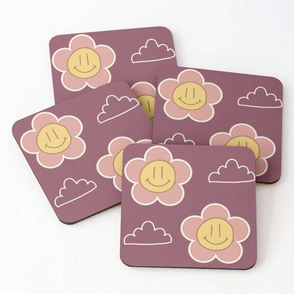 Item preview, burgundy pink and yellow  Smiley Flowers and clouds retro style designed and sold by DemonicGloom.