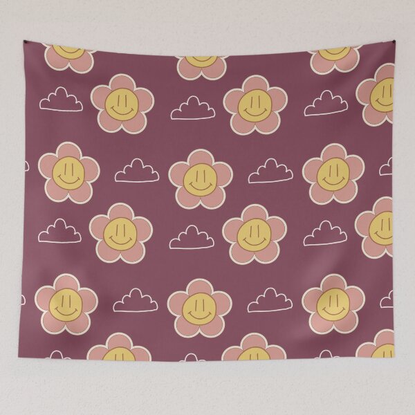 Item preview, burgundy pink and yellow  Smiley Flowers and clouds retro style designed and sold by DemonicGloom.
