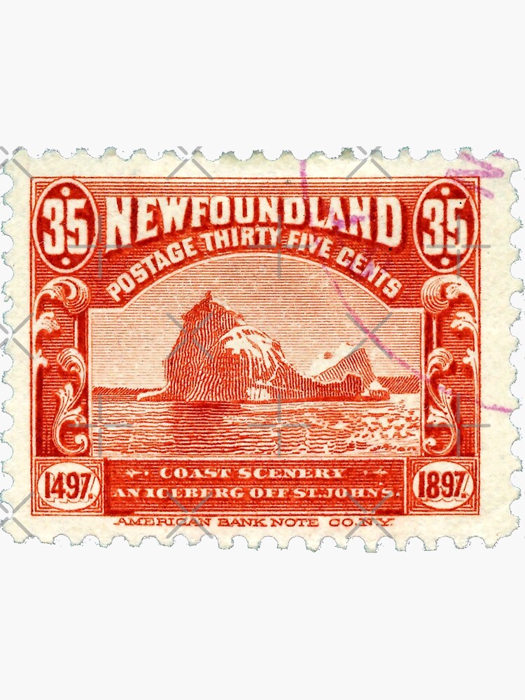 "vintage 35 cent Newfoundland postage stamp iceberg in red with coast