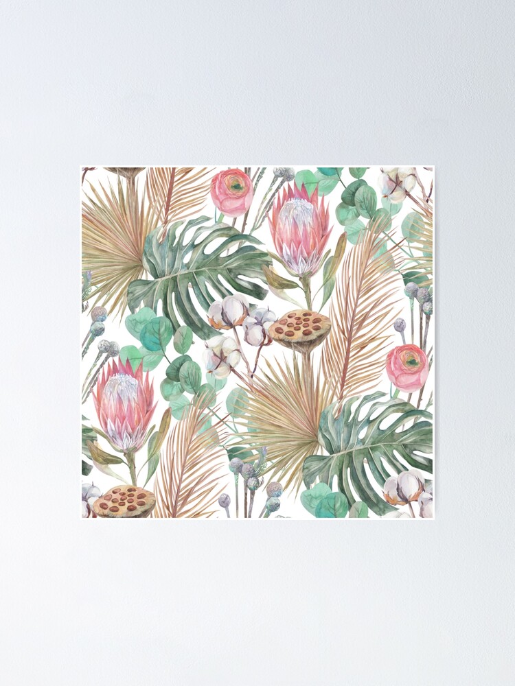 A modern boho style pattern tropical dried flowers and a proteas flower are  painted in watercolor with sprigs of cotton a turquoise background 