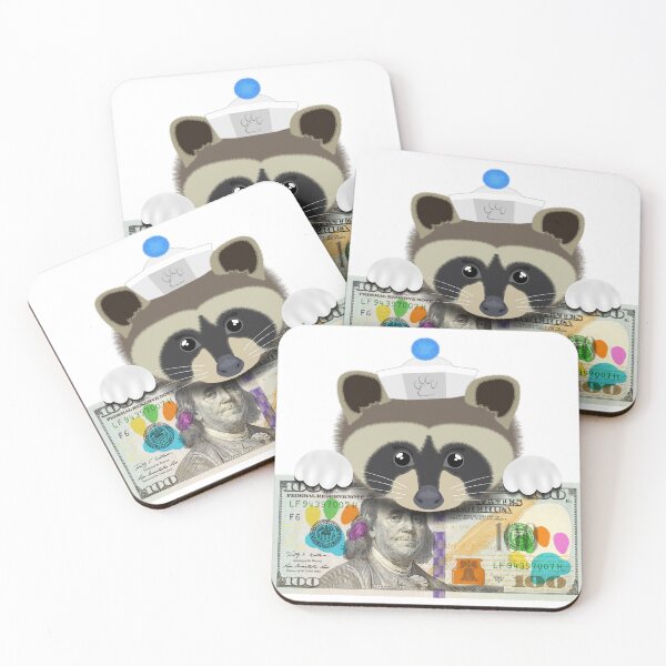 Item preview, Cartoon funny cute face of a fluffy raccoon with white paws and sailor cap on the background of a paper banknote of 100 US dollars and colored animal paw prints designed and sold by GAleksS.