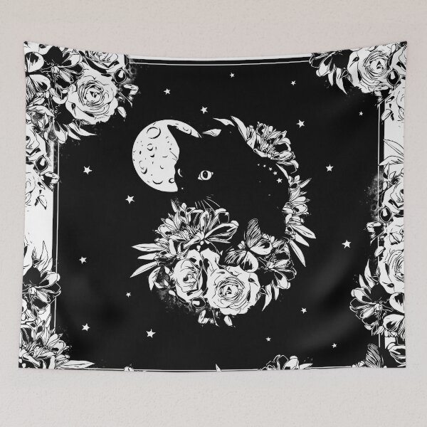 Item preview, Moon and black color cat with peony, cat with flowers, black and white drawing designed and sold by Collagedream.