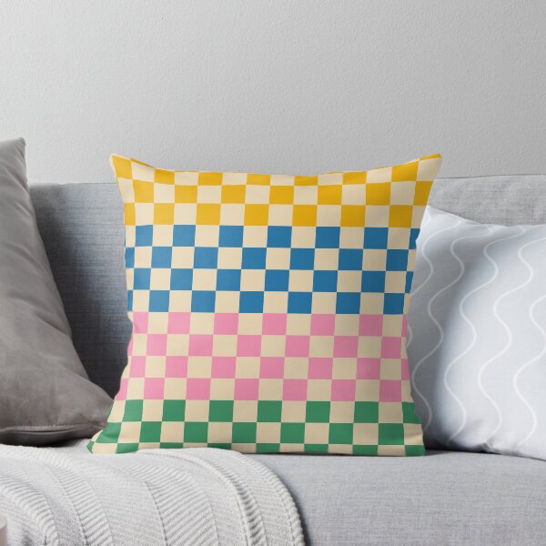 Aperçu de l'œuvre Retro Check Stripe 4 Pattern in Rainbow Pop Jaune Bleu Rose Vert Beige créée et vendue par kierkegaard.
