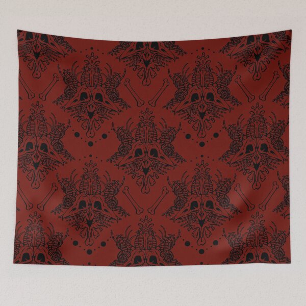 Item preview, Victorian gothic damask pattern made out of skulls and bones in red and black designed and sold by RedFinchDesigns.
