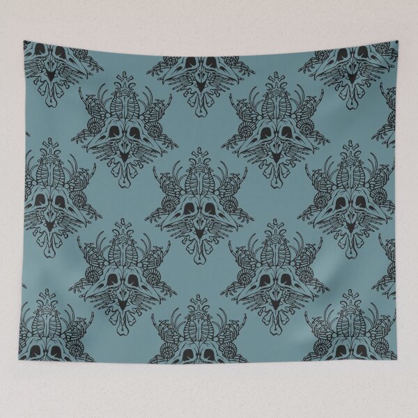 Item preview, Victorian gothic damask pattern made out of skulls and bones in teal and black designed and sold by RedFinchDesigns.