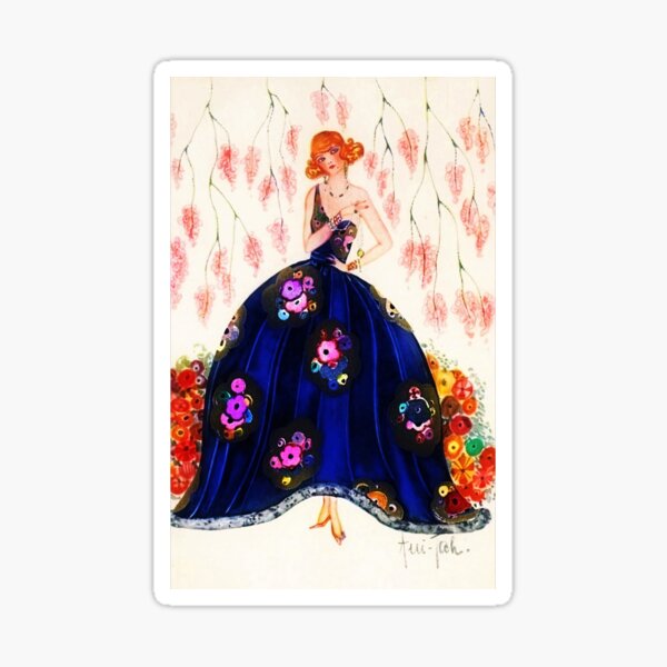 Item preview, 1920's jazz age Flapper in floral royal navy blue gown art deco female portrait painting designed and sold by Jéanpaul  Ferro.