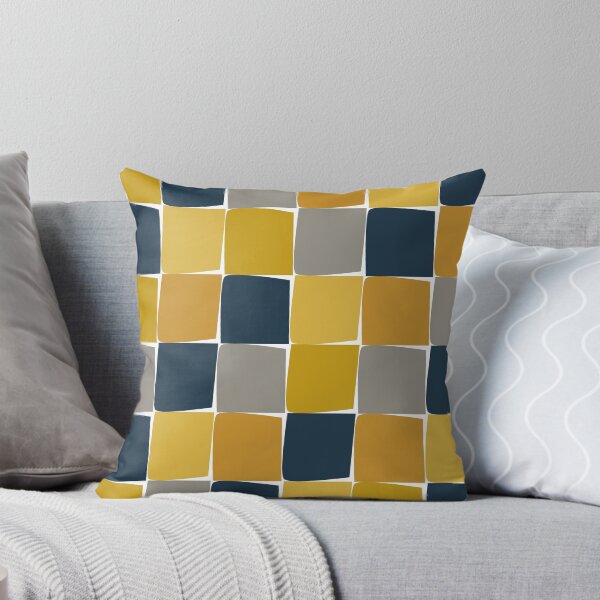 Aperçu de l'œuvre Flux Midcentury Modern Check Grid Pattern en Moutarde Ocre Bleu Marine Gris Blanc créée et vendue par kierkegaard.
