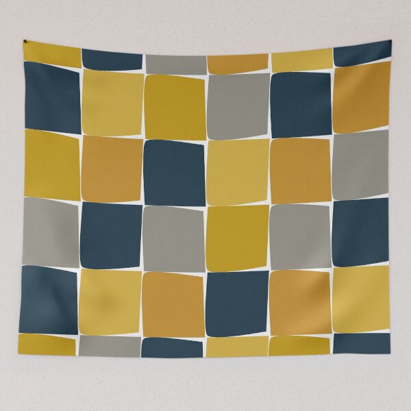 Item preview, Flux Midcentury Modern Check Grid Pattern in Mustard Ochre Navy Blue Grey White designed and sold by kierkegaard.