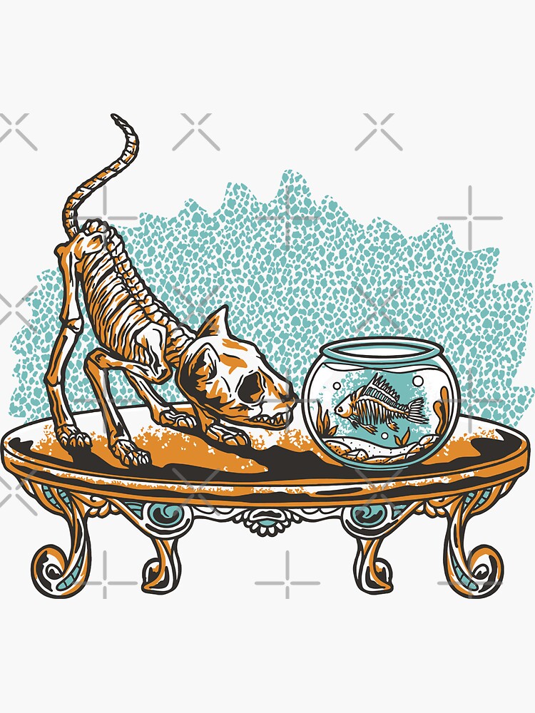 Thumbnail 3 von 3, Sticker, Skelett Katze mit Fisch designt und verkauft von Kobeko.