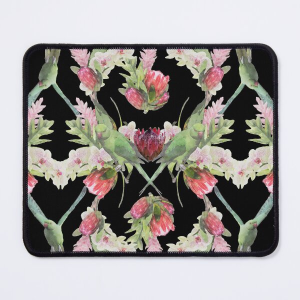 Item preview, Beautiful floral tropical with protea flowers, orchids, red ginger, and parakeets designed and sold by BrushIdyl.