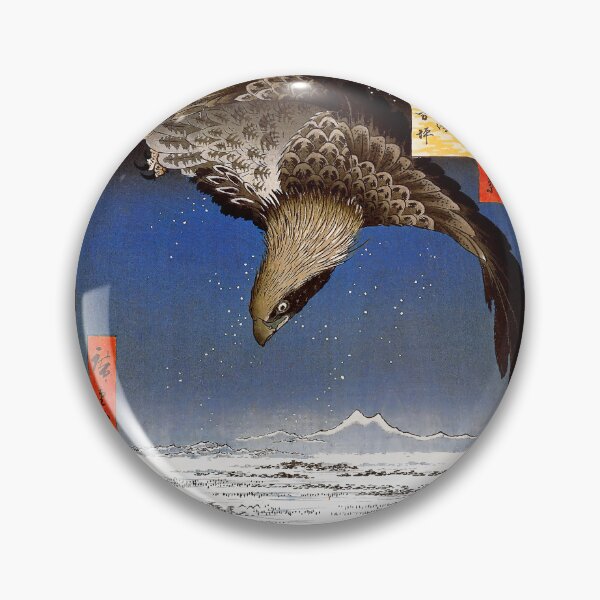 Item preview, Jumantsubo Plain at Fukagawa Susaki by Utagawa Hiroshige. Hawk flying above a snowy landscape. Japanese Woodblock Print art designed and sold by el-padre.