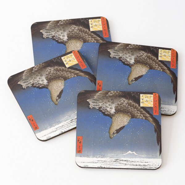 Item preview, Jumantsubo Plain at Fukagawa Susaki by Utagawa Hiroshige. Hawk flying above a snowy landscape. Japanese Woodblock Print art designed and sold by el-padre.