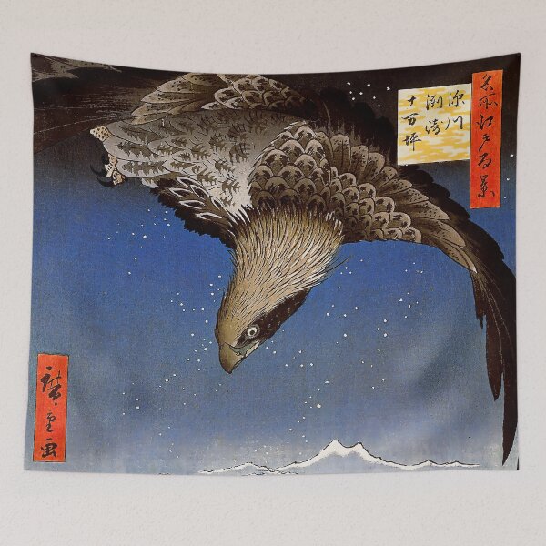 Item preview, Jumantsubo Plain at Fukagawa Susaki by Utagawa Hiroshige. Hawk flying above a snowy landscape. Japanese Woodblock Print art designed and sold by el-padre.