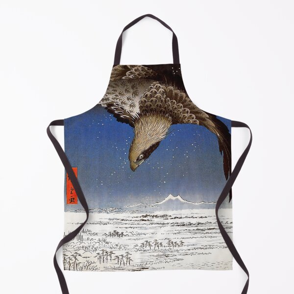 Item preview, Jumantsubo Plain at Fukagawa Susaki by Utagawa Hiroshige. Hawk flying above a snowy landscape. Japanese Woodblock Print art designed and sold by el-padre.