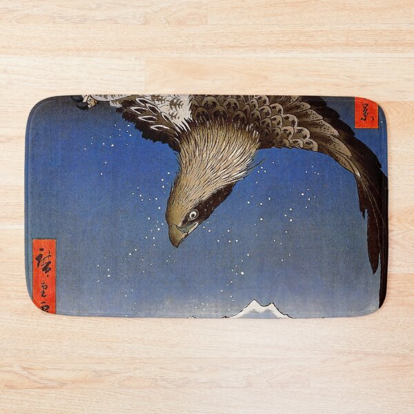 Item preview, Jumantsubo Plain at Fukagawa Susaki by Utagawa Hiroshige. Hawk flying above a snowy landscape. Japanese Woodblock Print art designed and sold by el-padre.