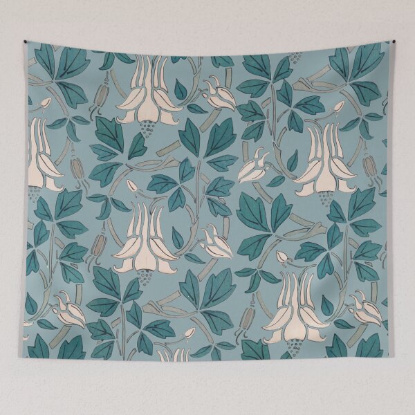 Aperçu de l'œuvre Ancolie Art nouveau motif fleur blanche, fond bleu créée et vendue par Jaydee001.