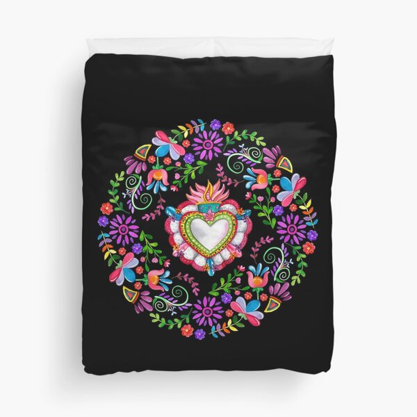 Mexican Otomi - Colorful Floral Embroidery Heart Bird Pattern Duvet Cover
