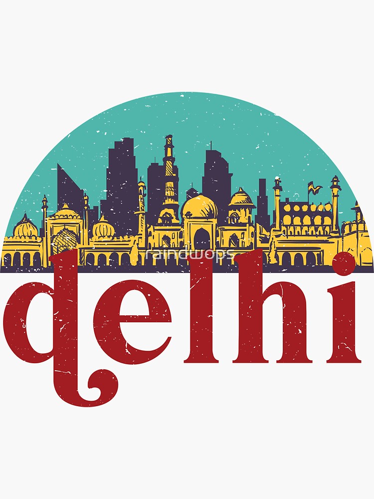 Thumbnail 3 of 3, Sticker, New Delhi India Vintage Classic City Skyline Cityscape Art designed and sold by raindwops.