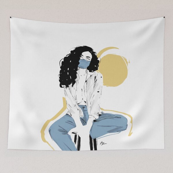 Item preview, Curly hair woman in jeans and shirt on chair designed and sold by Rickard Bengtsson.