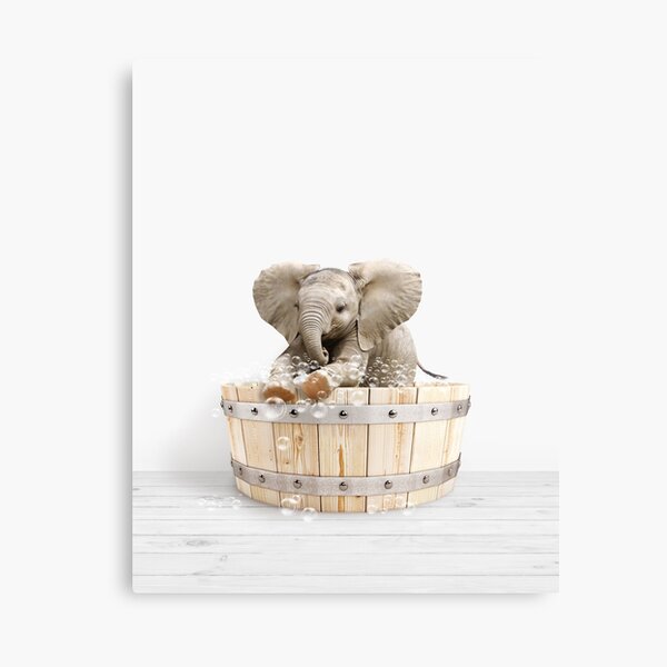 "Baby Elephant in Wooden Bathtub Print, Baby Elephant Bathing, Animals in Bathtub Art by Synplus