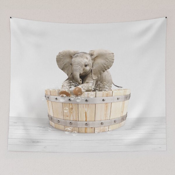 Item preview, Baby Elephant in Wooden Bathtub Print, Baby Elephant Bathing, Animals in Bathtub Art by Synplus designed and sold by synplus.