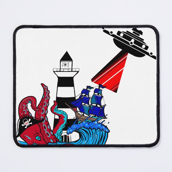 Item preview, ufo Pirate Octopus Playing with a Ship with a light house in the background designed and sold by Whitetailcrafts.