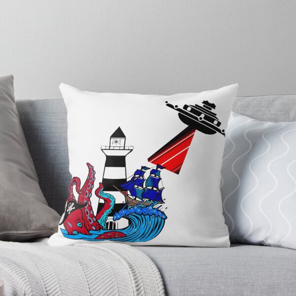 Item preview, ufo Pirate Octopus Playing with a Ship with a light house in the background   designed and sold by Whitetailcrafts.