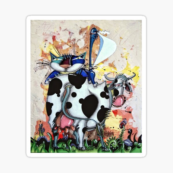 Cat playing with cow, Daniel Acebo, Backroom Art Sticker