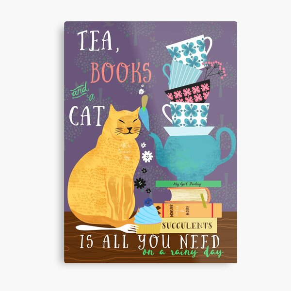 Tea, books and a cat, qoute, cups Metal Print